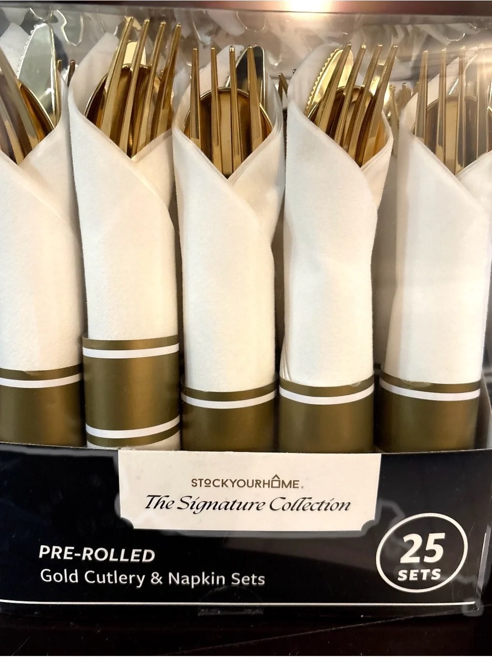 Pre-Rolled Gold Cutlery & White Napkin Sets - 25 Sets